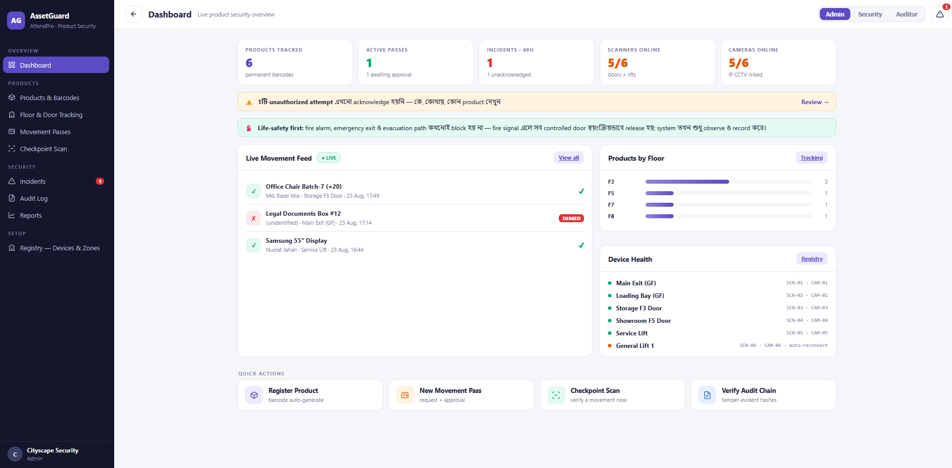 AssetGuard Dashboard — live product security overview