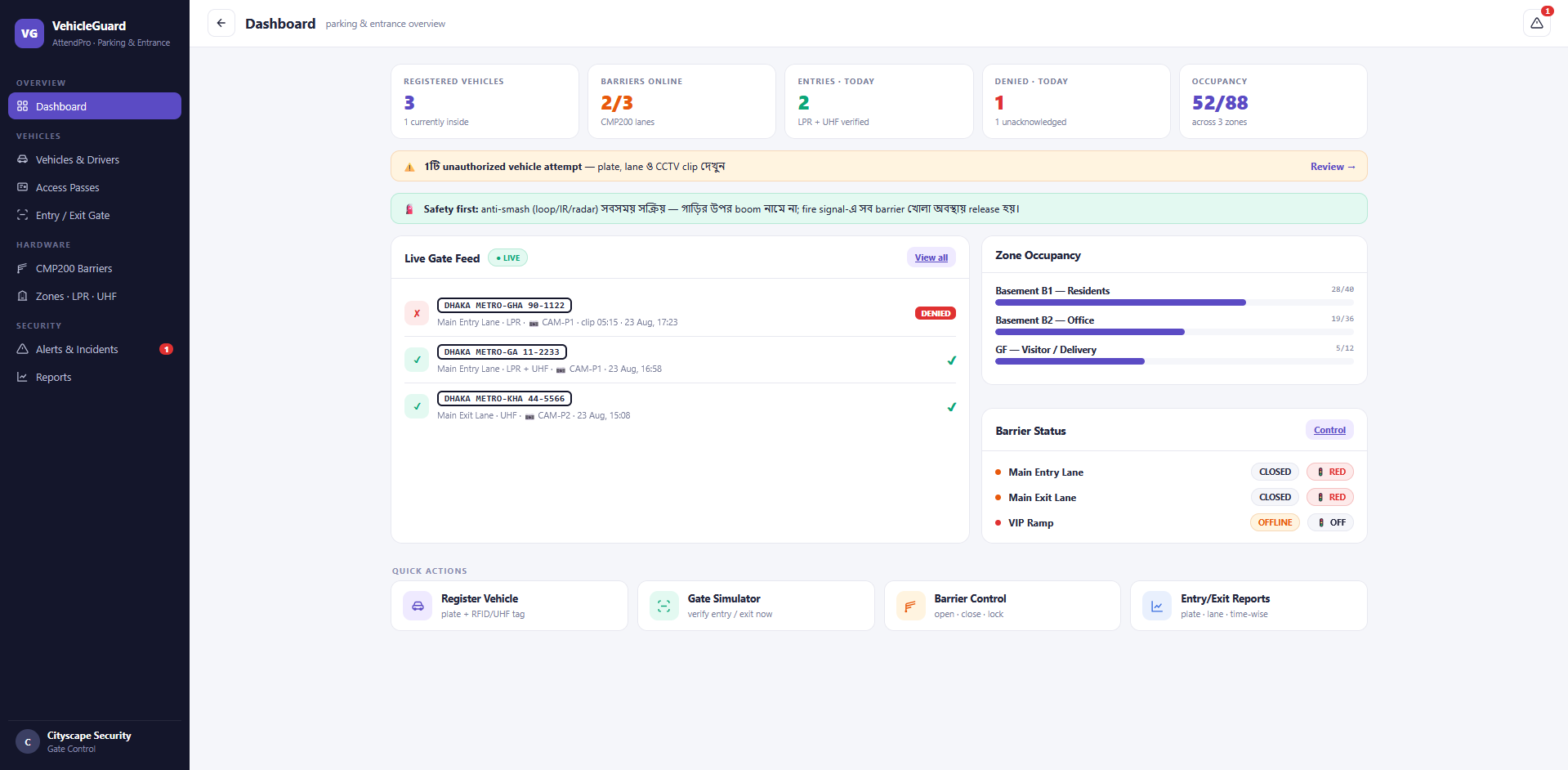 VehicleGuard Dashboard — parking & entrance overview